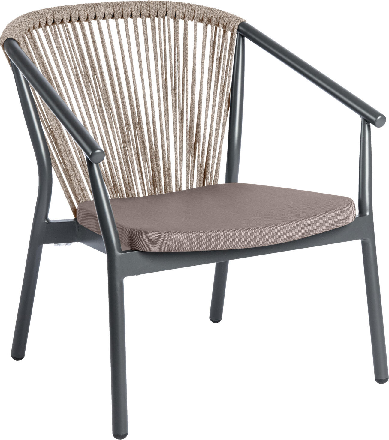 Fotoliu de relaxare exterior VEGA Calvo, cadru din aluminiu vopsit electrostatic, impletituri din sfoara, textil Batyline, 71x75x78 cm, rezistent la intemperii