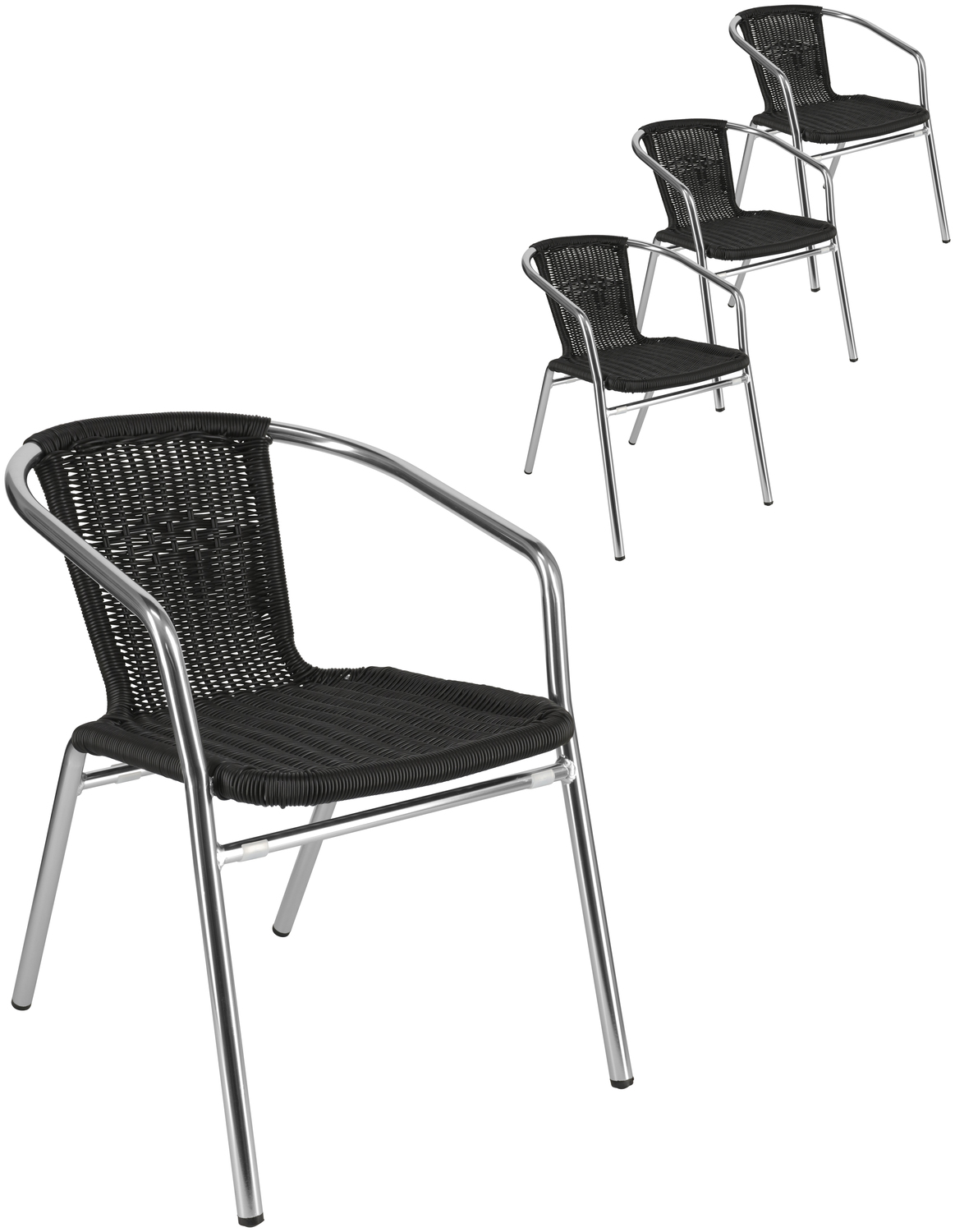 PULSIVA LUSINI Solutions GmbH Card Outdoor Stacking Chairs, Black, Aluminium Frame, Plastic Wickerwork, Weather-Resistant, Set of 4