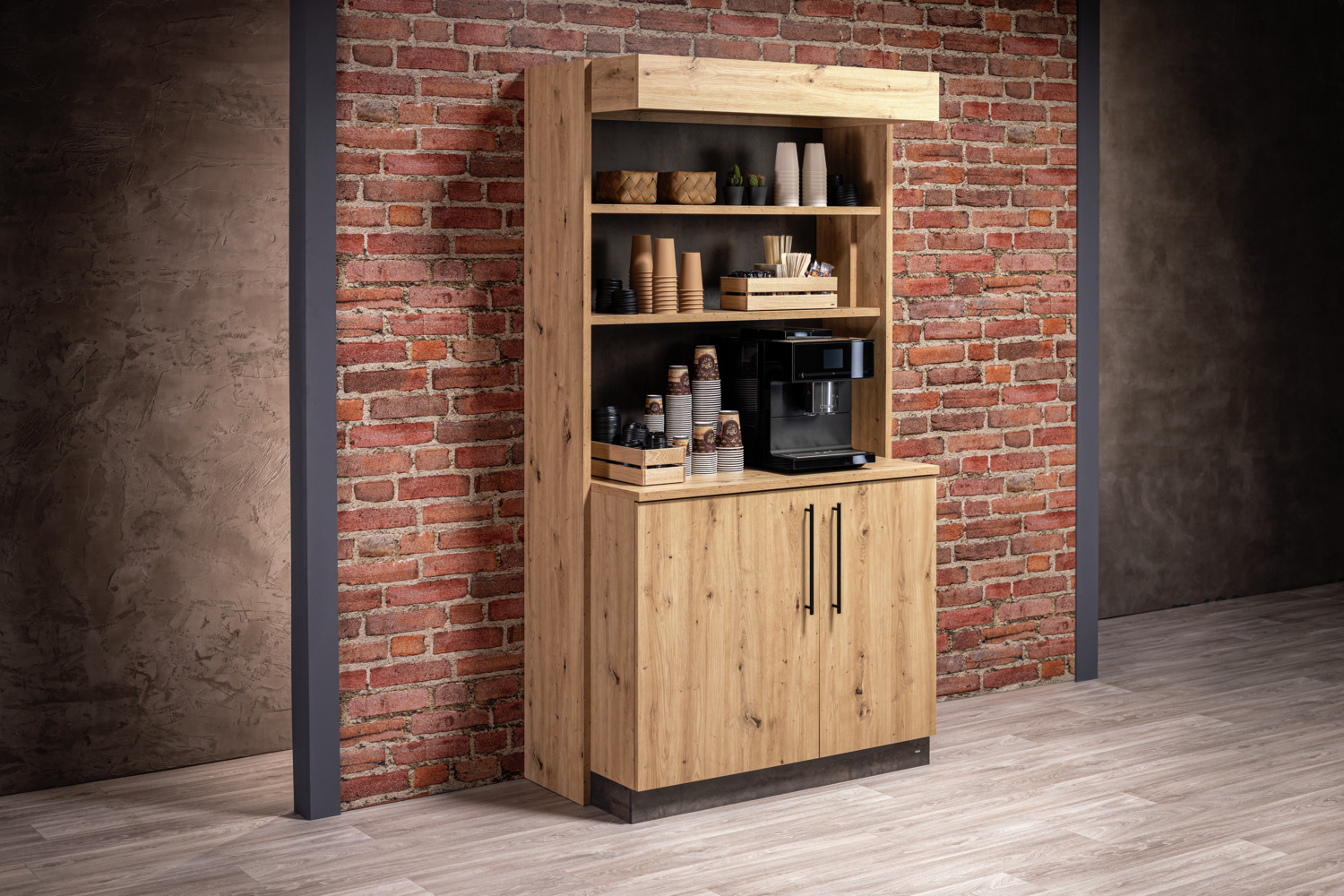 Stație de servire VEGA Baristo Classic, Panouri din lemn Wild Oak, 115x62x216 cm, 2 rafturi reglabile, 2 usi, picioare de nivelare