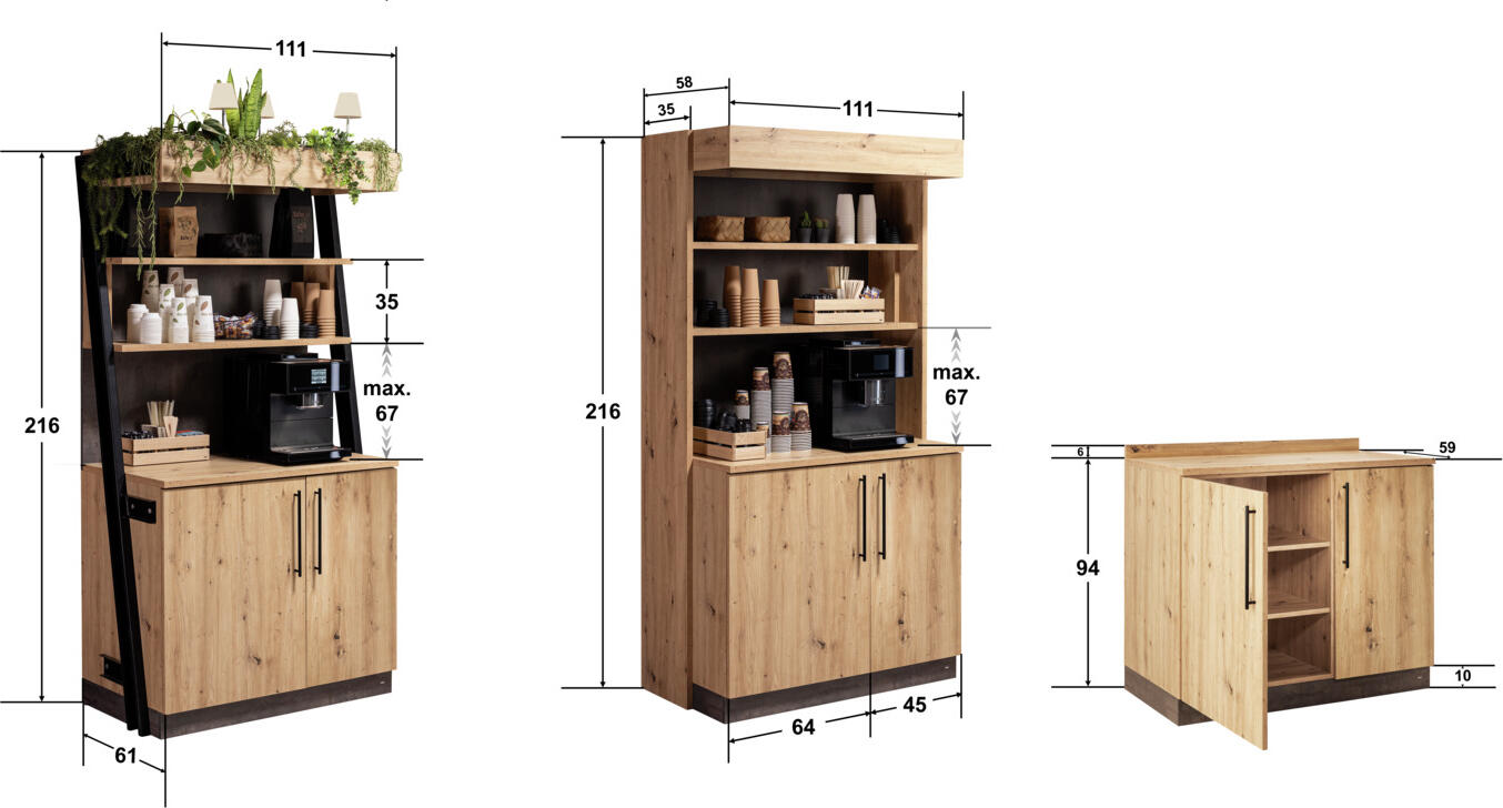 Stație de servire VEGA Baristo Classic, Panouri din lemn Wild Oak, 115x62x216 cm, 2 rafturi reglabile, 2 usi, picioare de nivelare