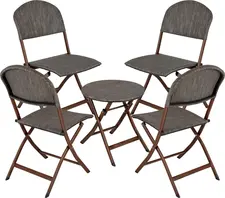 PULSIVA LUSINI Solutions GmbH Outdoor bistro furniture set Romalia 5-piece Outdoor-Bistro-Set Romalia 5-tlg. Outdoor bistro furniture set Romalia 5-piece; seat grey mottled, base brown Outdoor-Bistro-Set Romalia 5-tlg.; Sitz grau meliert, Gestell braun 5-piece bistro furniture set Romalia, consisting of: 4x folding chairs and 1x folding table made of powder-coated steel and seat with plastic fabric. With plastic glides on the chair and table legs. Maximum table load 70 kg, chair 130 kg. Foldable, weatherproof and UV-resistant. Suitable for outdoor use. Supplied assembled. 5-teiliges Bistromöbel-Set Romalia, bestehend aus: 4x Klappstühle und 1x Klapp-Tisch aus pulverbeschichtetem Stahl und Sitzfläche mit Kunststoffgewebe. Mit Kunststoffgleitern an den Stuhl- und Tischbeinen. Maximale Tisch Belastung 70 kg, Stuhl 130 kg. Klappbar, wetterfest und UV-beständig. Für den Außenbereich geeignet. Lieferung erfolgt montiert.