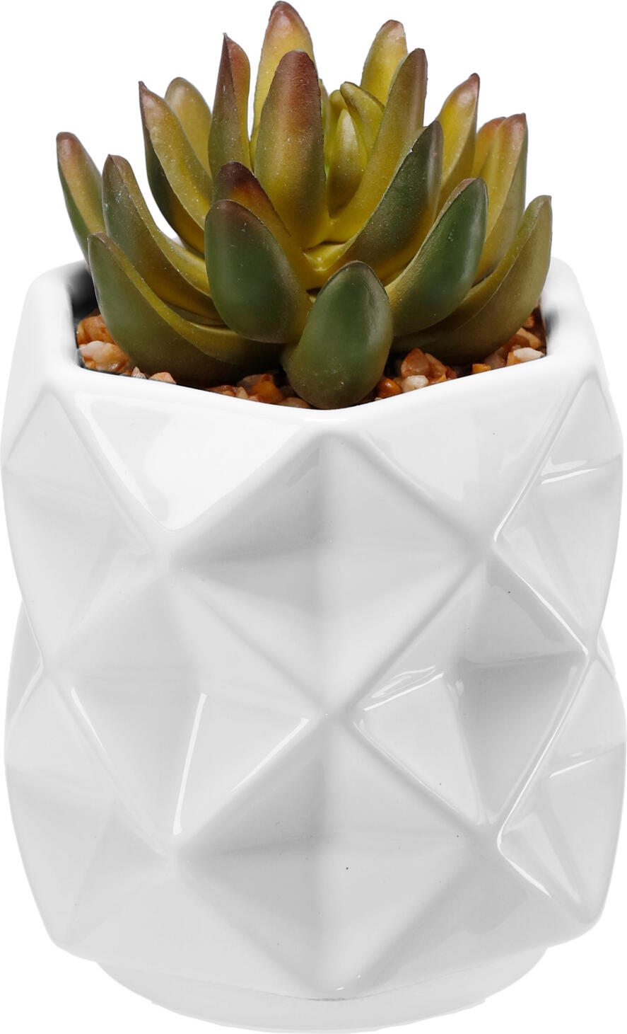 Planta Artificiala Succulenta Vega Laiba, Planta din Plastic Verde in Ghiveci din Ceramica Alb cu Model Geometric, 9x13 cm, Decor Modern Interior