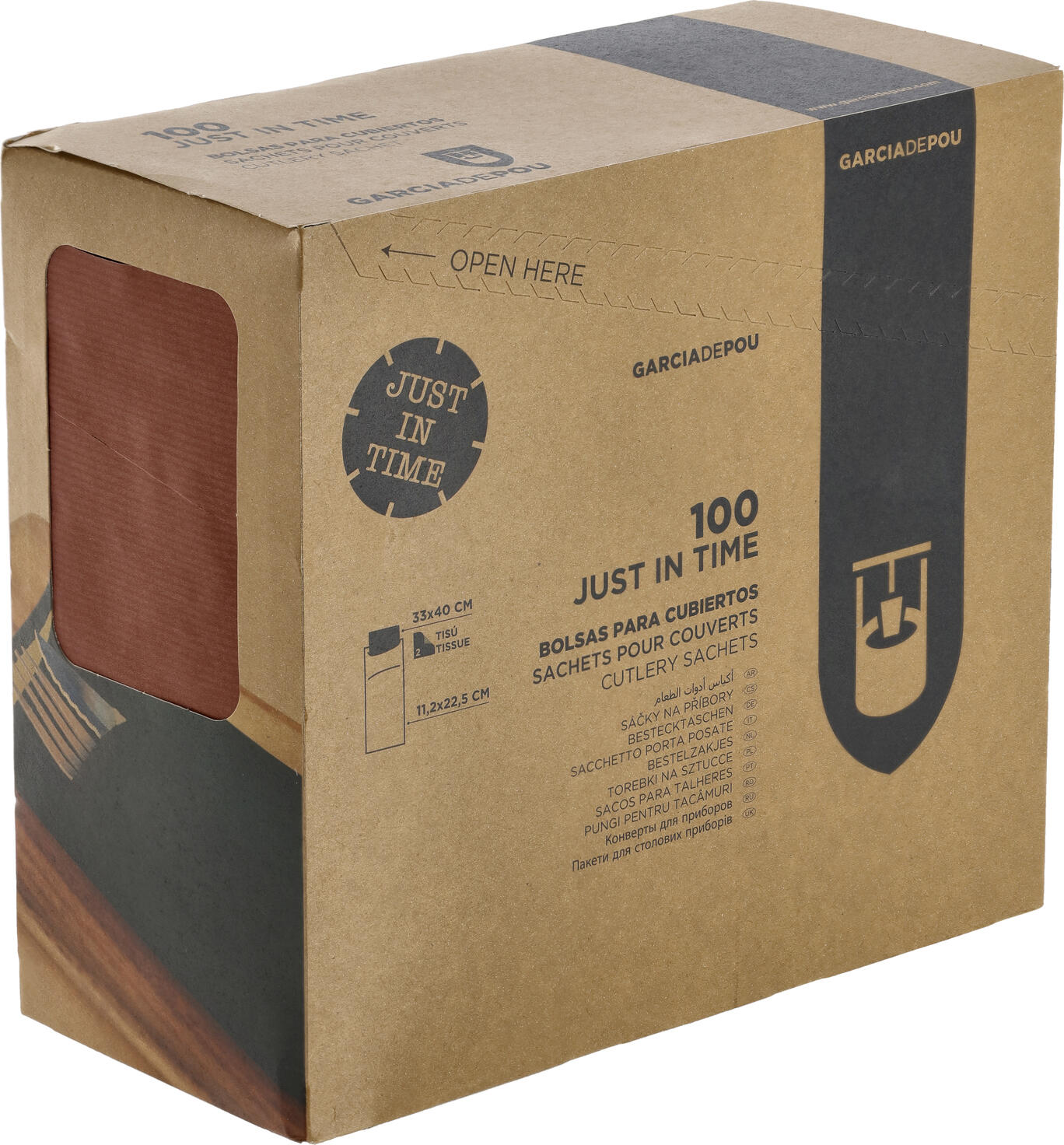 Garcia De Pou Besta Cutlery Bag Set of 100 Pieces, Bordeaux Ribbed Kraft Paper Sachet with 2-Ply Napkin 33x40 cm, 11.2x22.5 cm