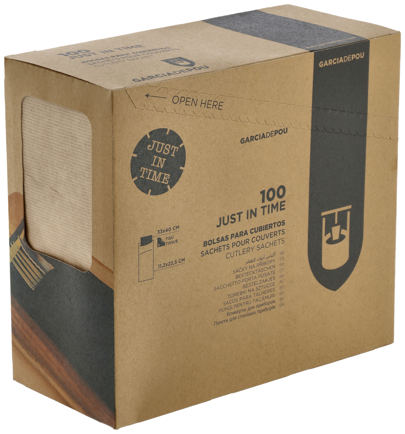Sac pentru tacuturi Garcia De Pou Besta cu Serveta 2 Straturi, Hartie Kraft Reciclata Bej Natural Nervata, Imprimare Ziar Vintage, 11.2 x 22.5 cm, Set de 100 piese