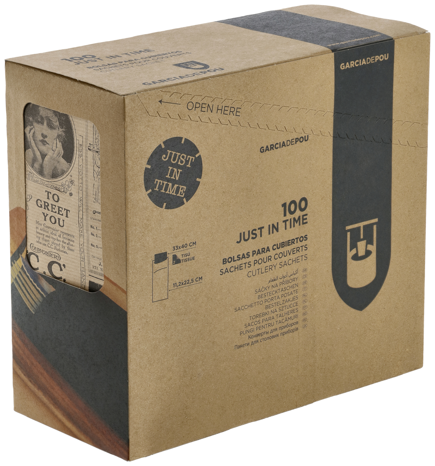 Sac pentru tacuturi Garcia De Pou Besta cu Serveta 2 Straturi, Hartie Kraft Reciclata Bej/Negru Nervata, Imprimare Ziar Vintage, 11.2 x 22.5 cm, Set de 100 piese