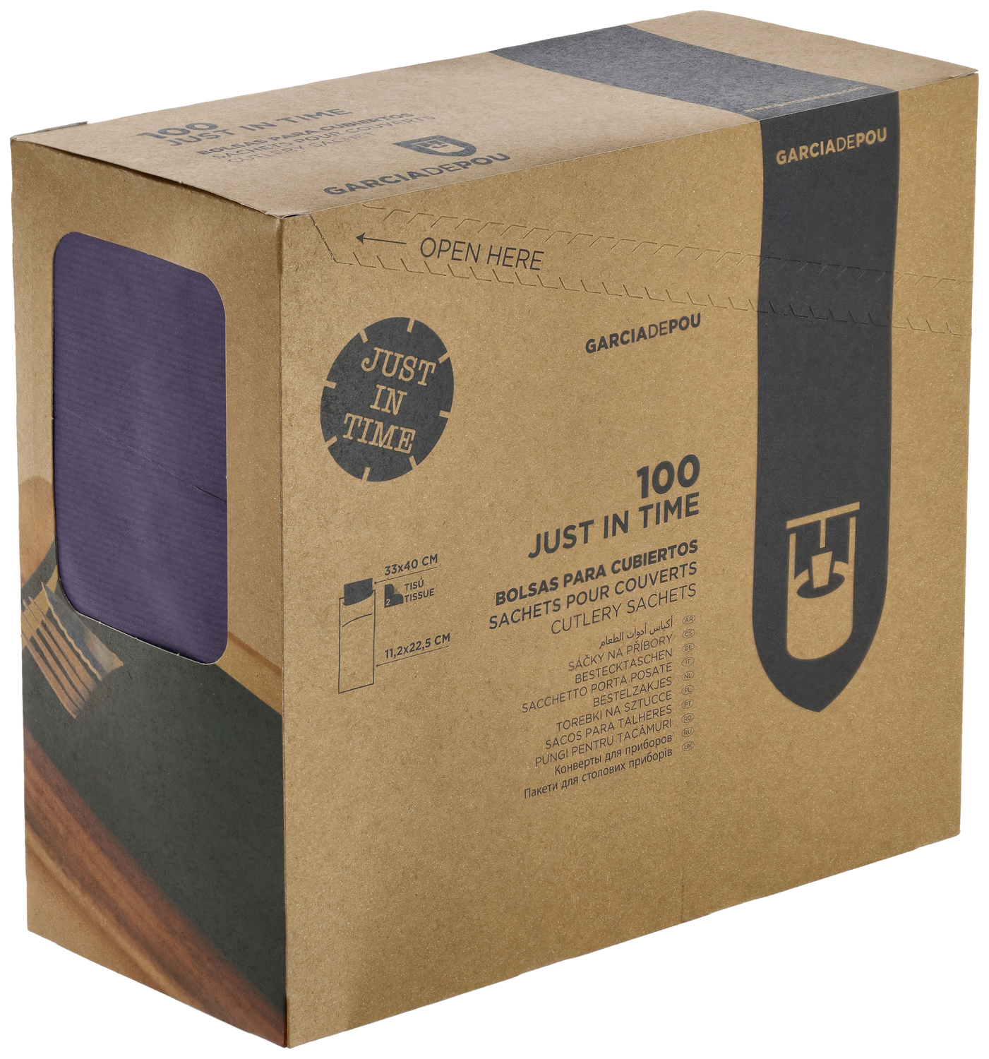 Sac pentru tacuturi Garcia De Pou Besta cu serveta 2 pliuri, hartie kraft albastra, 11.2 x 22.5 cm, Set de 100 piese