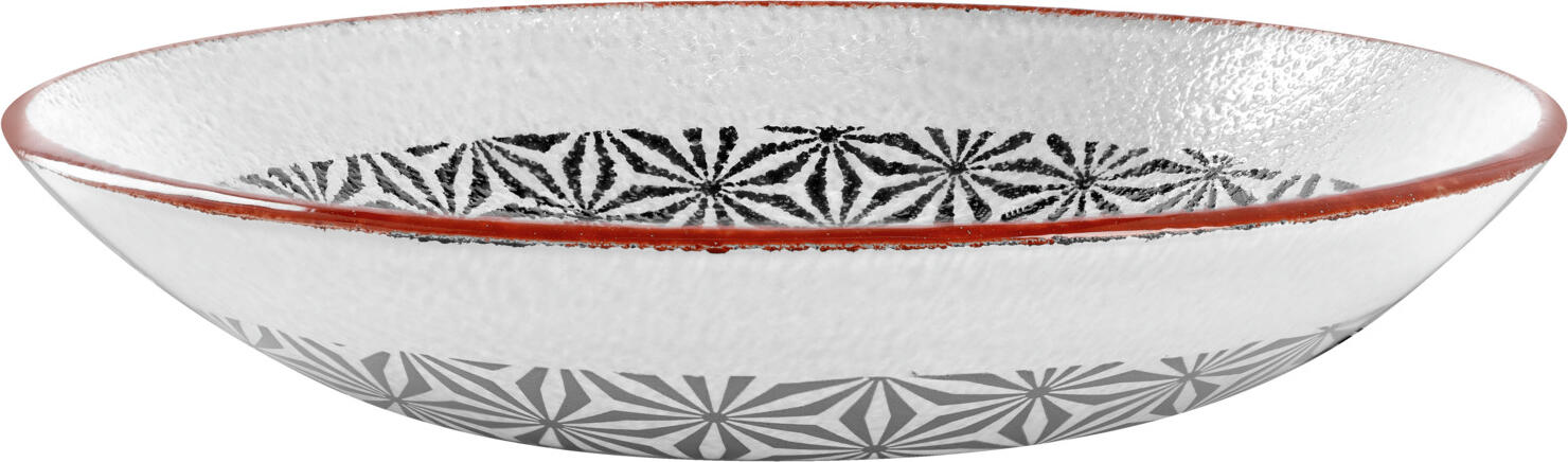 VEGA Edora Glass Bowl Set of 6, 700 ml, 23 cm, White with Black Pattern and Red Rim, Dishwasher Safe