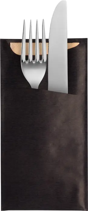 Garcia De Pou Besta Just in Time Cutlery Bag and 2-Ply Napkin Set, Black Ribbed Kraft Paper, 11.2x22.5 cm Sachet, 33x40 cm Napkin, Pack of 100