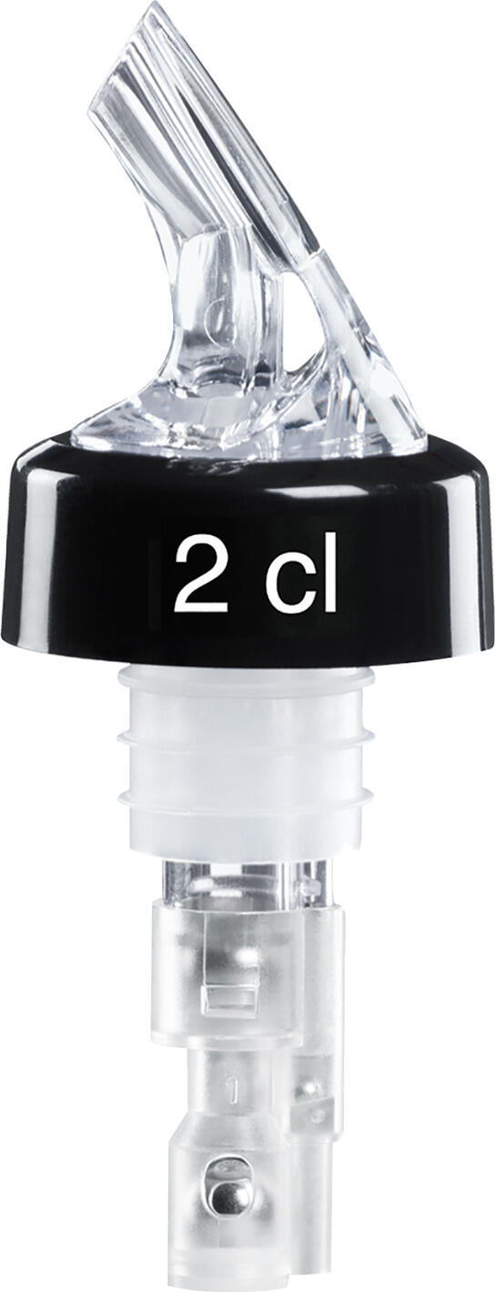 Fuchs Gastronomiebedarf Dosing spout 2 cl Dosierausgießer 2 cl Dosing spout 2 cl; 10 cm (L); black; 2 piece / pack Dosierausgießer 2 cl; 10 cm (L); schwarz; 2 Stück / Pack Dosing pourer made of acrylic with 2 cl dispensing unit and ball system, for 0.7 l - 1.0 l bottles. Optimum functionality when the bottle is tilted by 45°. Not suitable for dishwasher. Dosierausgießer aus Acryl mit Ausgabeeinheit 2 cl und Kugelsystem, für 0,7 l - 1,0 l Flaschen. Optimale Funktionsfähigkeit bei Neigung der Flasche um 45 °. Nicht spülmaschinengeeignet. Der Ausgießer ist nicht geeicht, daher können Abweichungen vorkommen. Insbesondere wenn zähflüssige Flüssigkeiten bzw. Flüssigkeiten mit viel Zuckergehalt dosiert werden sollen.