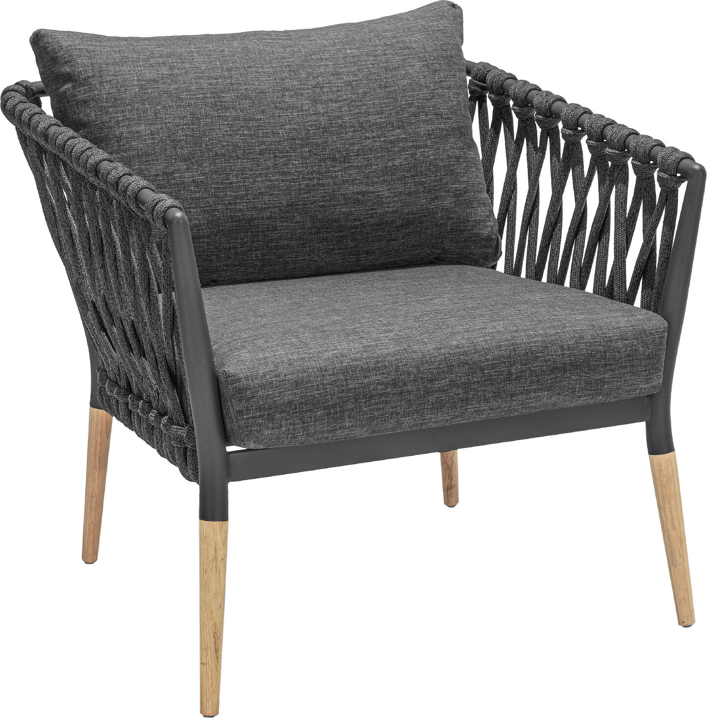 Scaun Lounge Exterior VEGA Asola, Cadru Aluminiu Vopsit in Praf cu Picior de Lemn de Teak, Impletit din Sfoara, Perna din Material Olefin, Antracit, 81x80x76 cm