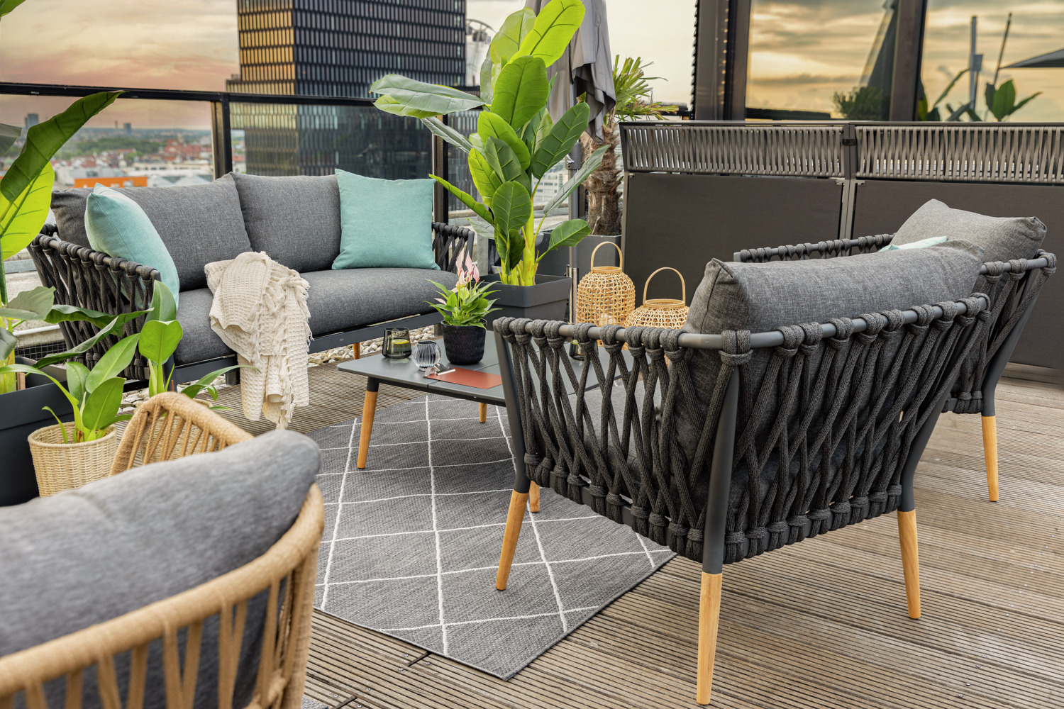 Scaun Lounge Exterior VEGA Asola, Cadru Aluminiu Vopsit in Praf cu Picior de Lemn de Teak, Impletit din Sfoara, Perna din Material Olefin, Antracit, 81x80x76 cm