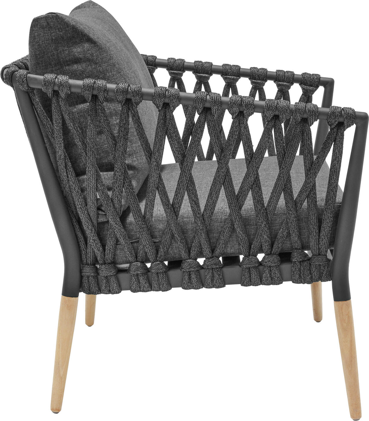 Scaun Lounge Exterior VEGA Asola, Cadru Aluminiu Vopsit in Praf cu Picior de Lemn de Teak, Impletit din Sfoara, Perna din Material Olefin, Antracit, 81x80x76 cm