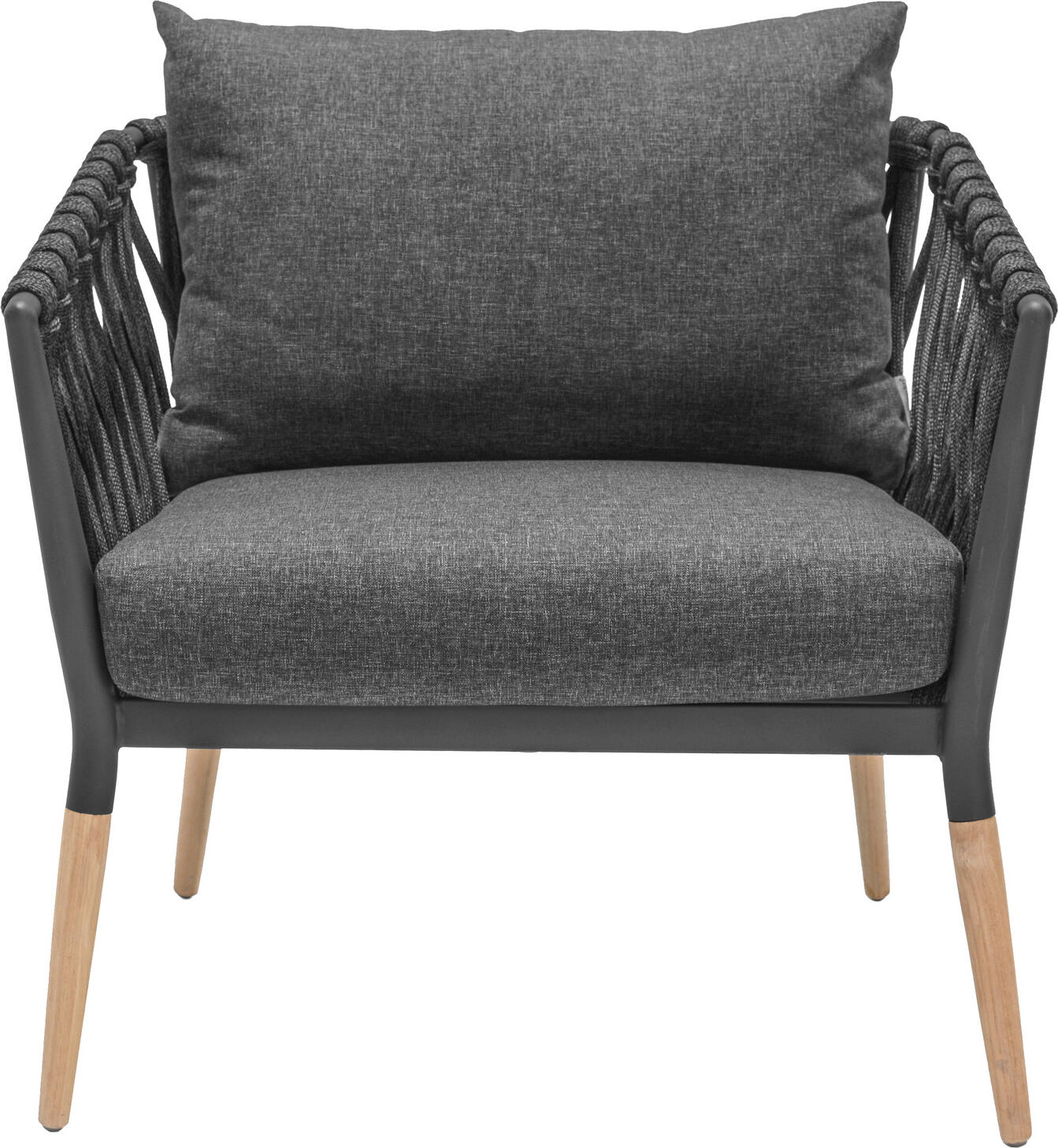 Scaun Lounge Exterior VEGA Asola, Cadru Aluminiu Vopsit in Praf cu Picior de Lemn de Teak, Impletit din Sfoara, Perna din Material Olefin, Antracit, 81x80x76 cm
