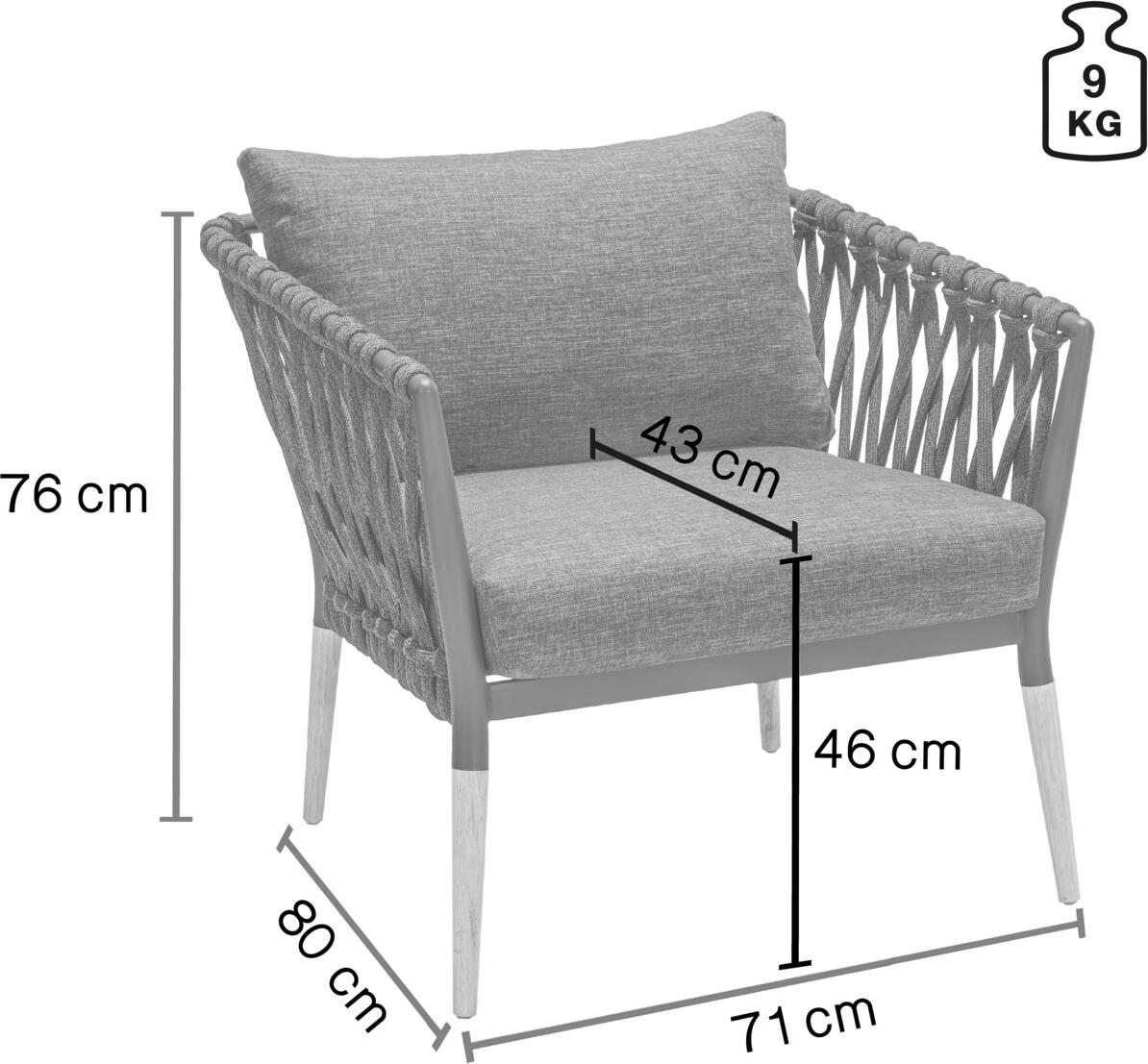 Scaun Lounge Exterior VEGA Asola, Cadru Aluminiu Vopsit in Praf cu Picior de Lemn de Teak, Impletit din Sfoara, Perna din Material Olefin, Antracit, 81x80x76 cm