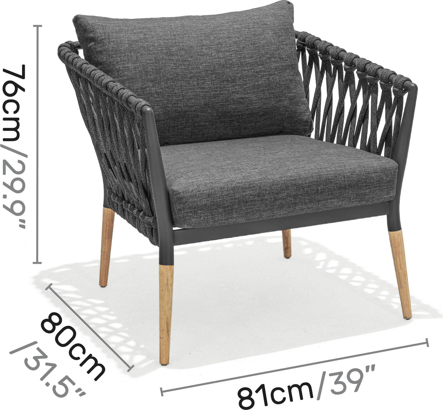 Scaun Lounge Exterior VEGA Asola, Cadru Aluminiu Vopsit in Praf cu Picior de Lemn de Teak, Impletit din Sfoara, Perna din Material Olefin, Antracit, 81x80x76 cm