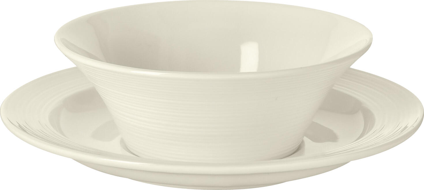 VEGA LUSINI Solutions GmbH Soup saucer Skyline Suppen-Untertasse Skyline Soup saucer Skyline; 17 cm (Ø); cream white; round; 6 piece / pack Suppen-Untertasse Skyline; 17 cm (Ø); cremeweiß; rund; 6 Stück / Pack Cream colored bone china soup saucer with relief. Modern design. High resistance. Brilliant glaze. Dishwasher safe and microwaveable. Cremefarbene Suppen-Untertasse aus Bone-China mit Relief. Modernes Design. Hohe Widerstandsfähigkeit. Brillante Glasur. Spülmaschinenfest und mikrowellengeeignet.