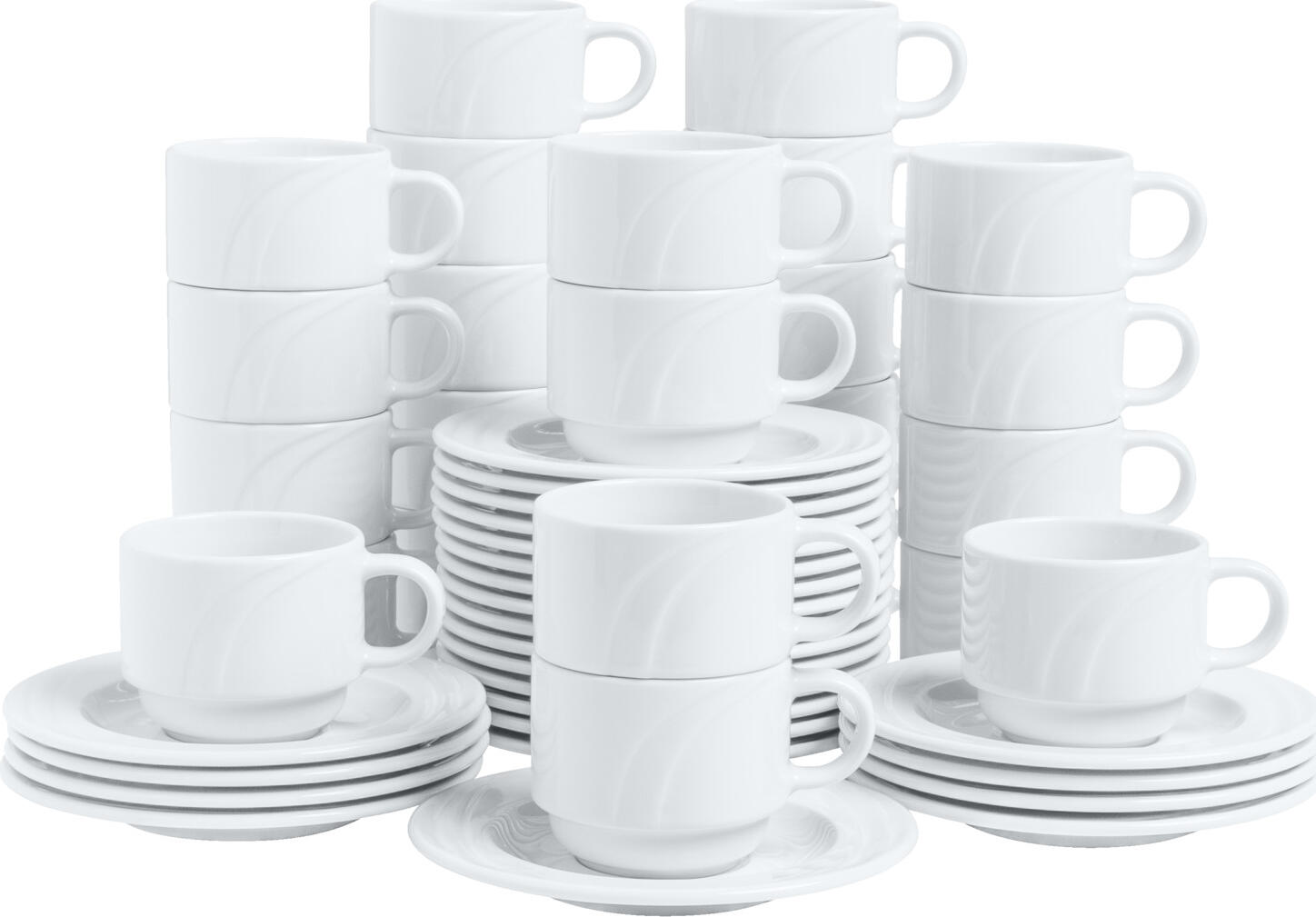 Set de cafea Pulsiva Melody din porțelan, 48 piese (24 cești 230ml, 24 farfurii), Alb cu relief elegant, rezistent la dishwasher și cuptor cu microunde