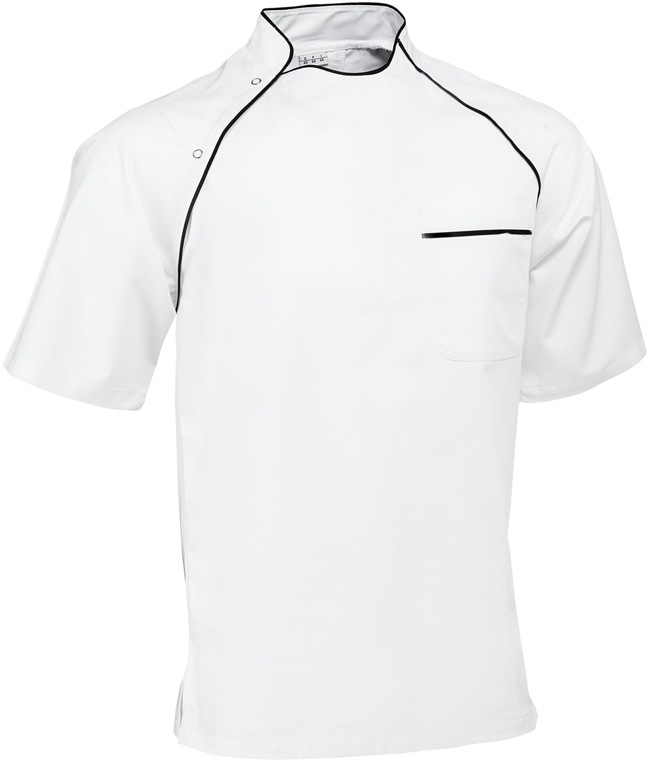 PULSIVA LUSINI Solutions GmbH Men's chef's shirt Pirlo short-sleeved Herren Kochhemd Pirlo Kurzarm Men's chef's shirt Pirlo short-sleeved; Size 52; white/black Herren Kochhemd Pirlo Kurzarm; Kleidergröße 52; weiß/schwarz 65 % polyester, 35 % cotton. 200 g/m². 60°C wash. Trendy, hard-wearing men's chef's shirt with half sleeves, side slits and box pleat at the back. The collar, raglan sleeves and breast pocket are finished with contrast piping. The press stud fastener is located in the right raglan seam with collar. Straight cut. Back length: 75 cm in size 50. 65 % Polyester, 35 % Baumwolle. 200 g/m². 60°-Wäsche. Trendiges, strapazierfähiges Herrenkochhemd mit Halbarm, Seitenschlitzen und Kellerfalte im Rücken. Der Kragen, die Raglanärmel und die Brusttasche sind mit Kontrastpaspel versehen. In der rechten Raglannaht mit Kragen befindet sich der Druckknopfverschluss. Gerader Schnitt. Rückenlänge: 75 cm in Gr 50