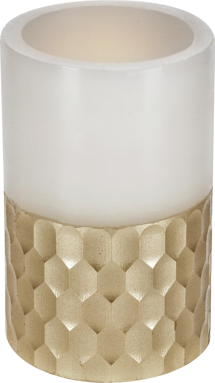 Set de 2 lampi de masa LED Vega Sumi, lumanari din ceara naturala cu decor honeycomb auriu, alb crema, 7.5x12.5 cm, timer 6h, functionare pe baterii