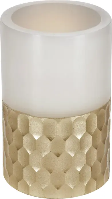 Set de 2 lampi de masa LED Vega Sumi, lumanari din ceara naturala cu decor honeycomb auriu, alb crema, 7.5x12.5 cm, timer 6h, functionare pe baterii