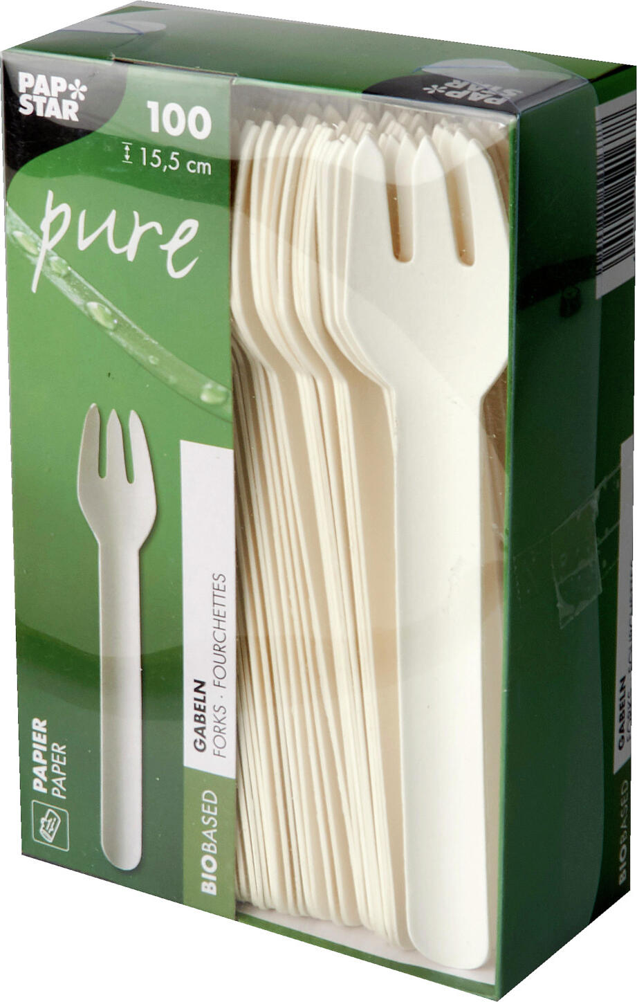 Furculite de unica folosinta Papstar Pure, din hartie biodegradabila si compostabila certificata FSC, albe, 15 cm, set de 1000 piese