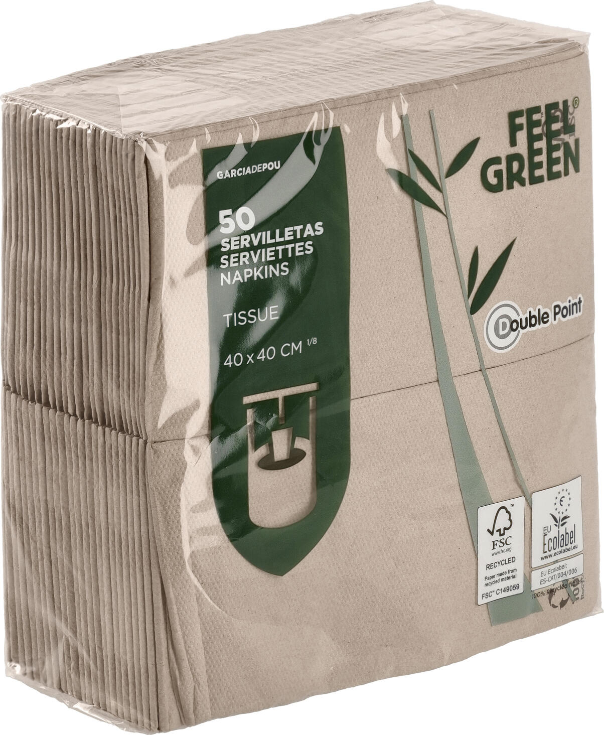Serviete Garcia De Pou Feel Green Ecolabel, Pliere 1/8, 40x40 cm, 2 Straturi Celuloză Reciclată, Naturale, Biodegradabile și Compostabile, Set de 50 piese