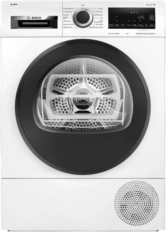 Bosch Serie 6 WQG245A0FR Freestanding Heat Pump Clothes Dryer, 9 kg Capacity, Iron Assist, SelfCleaning Condenser, LED Display, White and Black