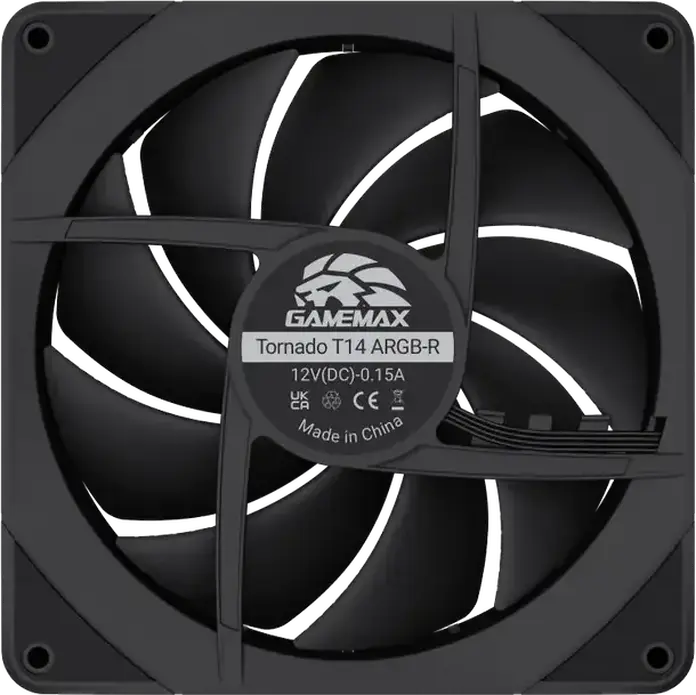 Корпусный вентилятор GAMEMAX Tornado T12 Reversed ARGB, 120мм, PWM, 800-2200 об/мин, 66.89 CFM, гидродинамический подшипник, черный