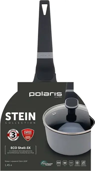 Polaris Stein-16SP Saucepan with Glass Lid, 1.45L, 16cm, Aluminum with Eco Shell-3X Non-Stick Coating, Grey