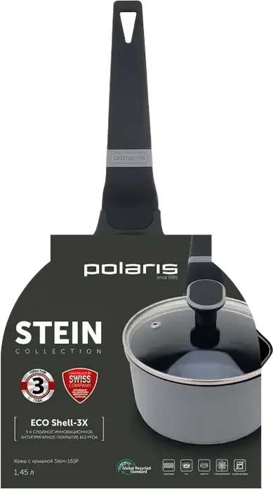 Polaris Stein-16SP Saucepan with Glass Lid, 1.45L, 16cm, Aluminum with Eco Shell-3X Non-Stick Coating, Grey