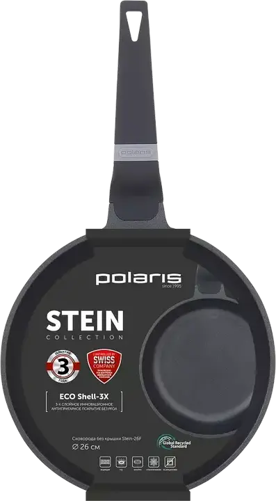 Сковорода Polaris Stein из литого алюминия 26 см, высота стенок 6 см, с антипригарным покрытием Eco Shell-3X, для индукционных плит, серая