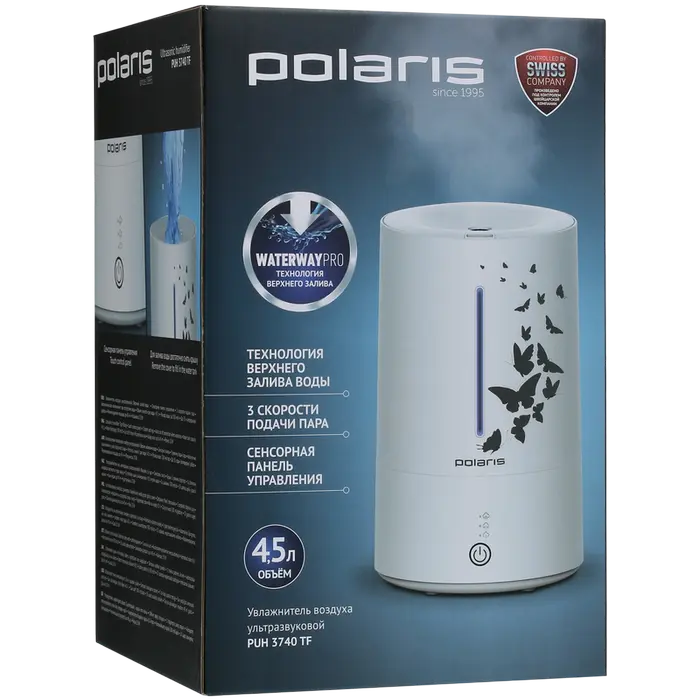 Umidificator de aer ultrasonic Polaris PUH 3740 TF, rezervor 4.5L, acoperire 45m2, umplere superioara WATERWAYPRO, control tactil, alb