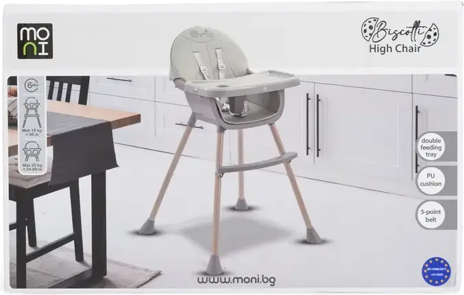 Scaunul de hranire 2-in-1 Moni Biscotti 82-508, Scaun Ridicat si Low Chair, Centura de Siguranta cu 5 Puncte, Tava Double Feeding cu Portcup, Piele PU