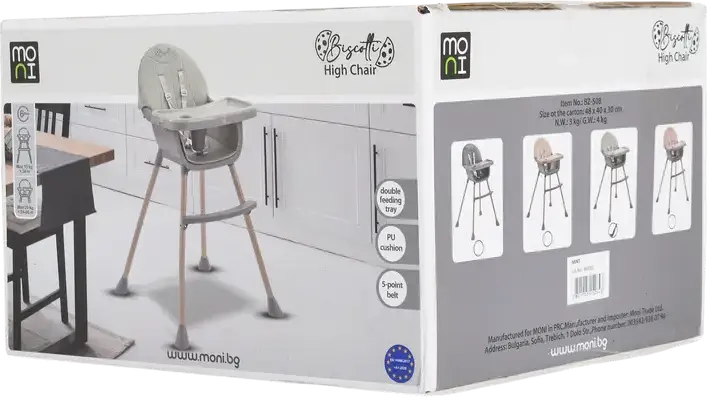 Scaunul de hranire 2-in-1 Moni Biscotti 82-508, Scaun Ridicat si Low Chair, Centura de Siguranta cu 5 Puncte, Tava Double Feeding cu Portcup, Piele PU