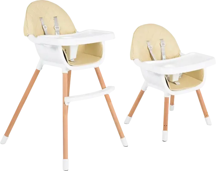 Scaun de hranire Cangaroo Moni Gelato 2 in 1, Cadru Lemn, Scaun din Piele Ecologica, Centura de Siguranta in 5 Puncte, Tava Dubla Detasabila, Bej