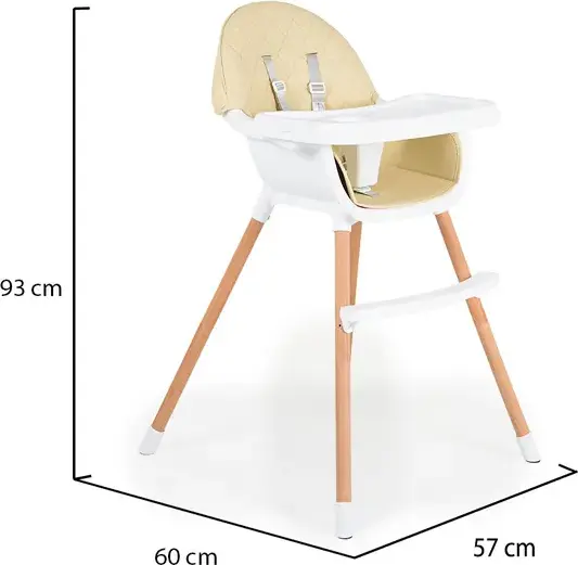 Scaun de hranire Cangaroo Moni Gelato 2 in 1, Cadru Lemn, Scaun din Piele Ecologica, Centura de Siguranta in 5 Puncte, Tava Dubla Detasabila, Bej