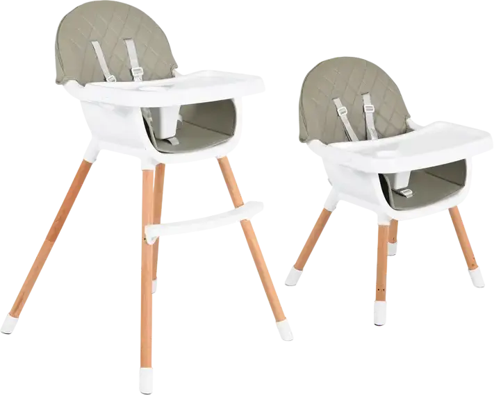 Scaun de hranire Cangaroo Moni Gelato 2 in 1, Cadru Lemn, Scaun Piele Ecologica, Centura de Siguranta in 5 Puncte, Tava Detasabila, Gri, 60 x 57 x 93 cm