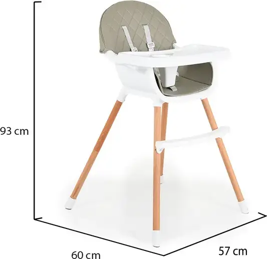 Scaun de hranire Cangaroo Moni Gelato 2 in 1, Cadru Lemn, Scaun Piele Ecologica, Centura de Siguranta in 5 Puncte, Tava Detasabila, Gri, 60 x 57 x 93 cm