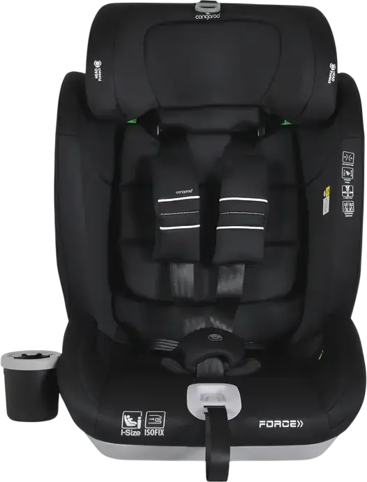 Scaun Auto Copii Cangaroo Force Grupul 1/2/3 i-Size R129 ISOFIX, 9-36 kg, 76-150 cm, Centură de Siguranță în 5 Puncte, Cu Portcup, Negru