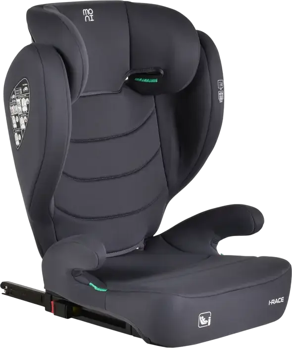Scaun Auto Moni i-Race Grupa 3, 22-36 kg, 100-150 cm, i-Size R129, Fixare Isofix si Centura, Booster cu Spatar Ajustabil, Gri Piatra