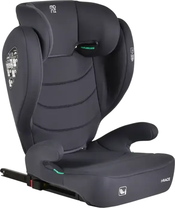 Scaun Auto Moni i-Race Grupa 3, 22-36 kg, 100-150 cm, i-Size R129, Fixare Isofix si Centura, Booster cu Spatar Ajustabil, Gri Piatra