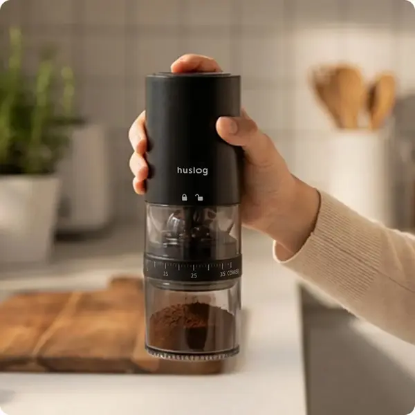 Huslog CoffeeSmash HUS1064 Wireless Electric Coffee Grinder, Stainless Steel Burrs, 25g Capacity, USB-C Charging, Adjustable Grind, Black