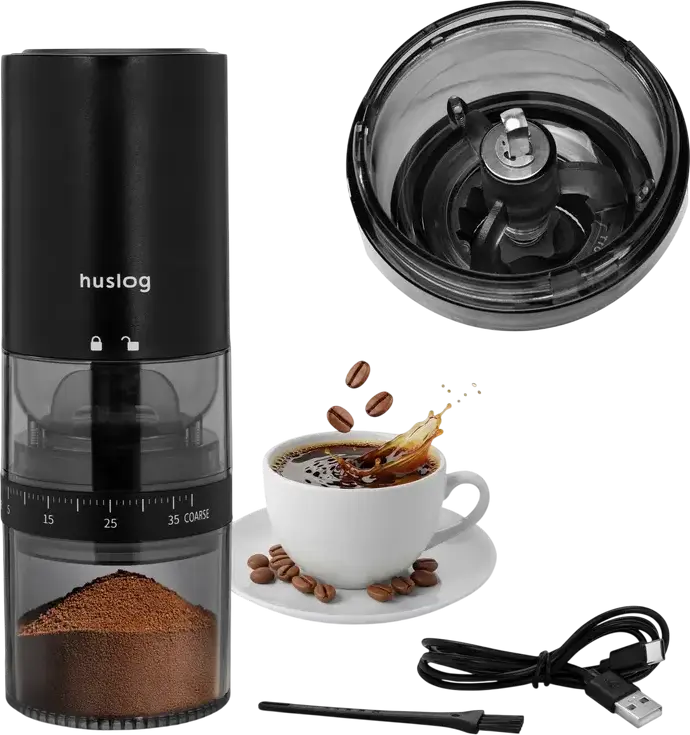 Huslog CoffeeSmash HUS1064 Wireless Electric Coffee Grinder, Stainless Steel Burrs, 25g Capacity, USB-C Charging, Adjustable Grind, Black