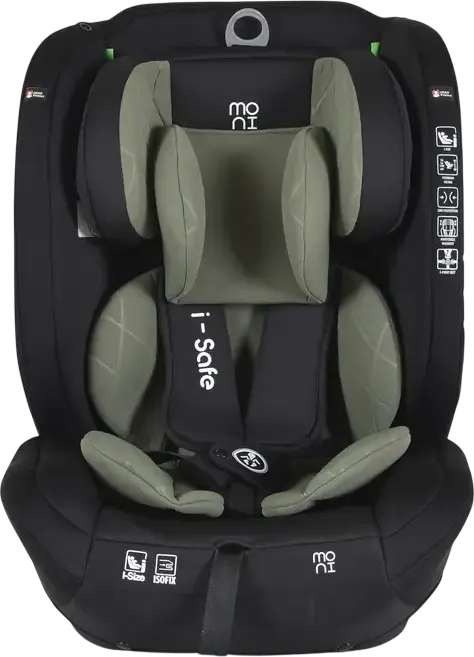 Детское автокресло Moni i-Safe Группа 1/2/3, 9-36 кг, 76-150 см, i-Size ECE R129/03, ISOFIX и Top Tether, 5-точечный ремень безопасности, регулируемый подголовник в 13 положениях, Зеленый, с матрасом-редуктором и подушкой для шеи