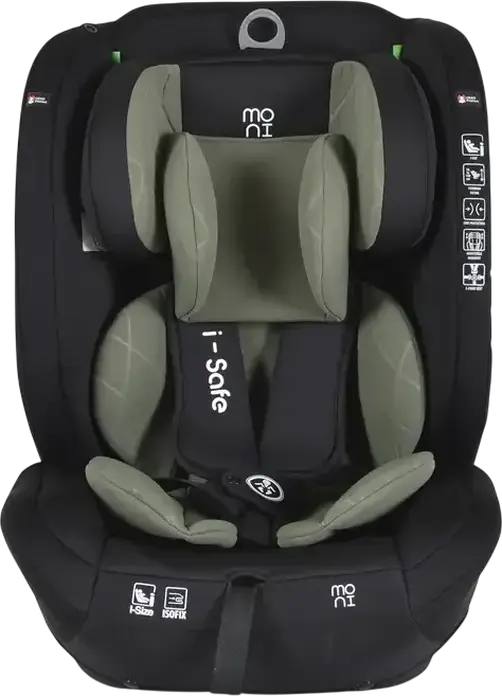 Детское автокресло Moni i-Safe Группа 1/2/3, 9-36 кг, 76-150 см, i-Size ECE R129/03, ISOFIX и Top Tether, 5-точечный ремень безопасности, регулируемый подголовник в 13 положениях, Зеленый, с матрасом-редуктором и подушкой для шеи