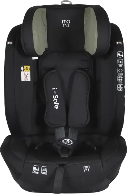 Детское автокресло Moni i-Safe Группа 1/2/3, 9-36 кг, 76-150 см, i-Size ECE R129/03, ISOFIX и Top Tether, 5-точечный ремень безопасности, регулируемый подголовник в 13 положениях, Зеленый, с матрасом-редуктором и подушкой для шеи