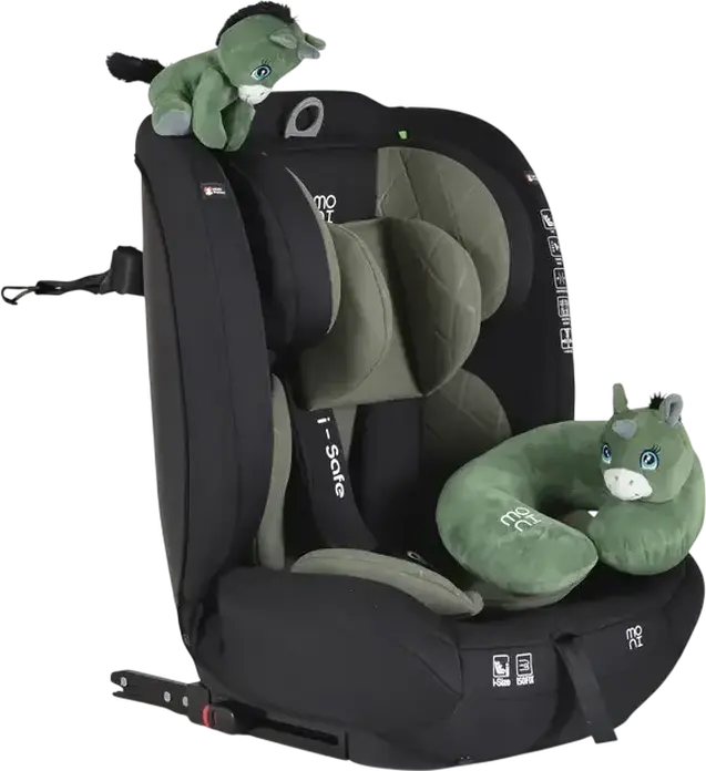 Детское автокресло Moni i-Safe Группа 1/2/3, 9-36 кг, 76-150 см, i-Size ECE R129/03, ISOFIX и Top Tether, 5-точечный ремень безопасности, регулируемый подголовник в 13 положениях, Зеленый, с матрасом-редуктором и подушкой для шеи