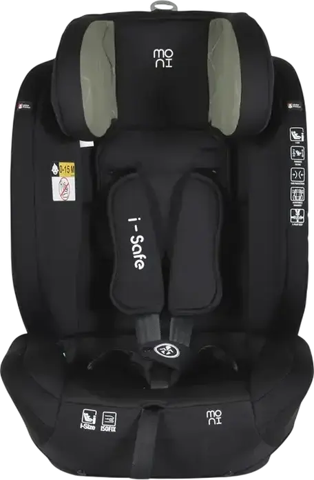 Детское автокресло Moni i-Safe Группа 1/2/3, 9-36 кг, 76-150 см, i-Size ECE R129/03, ISOFIX и Top Tether, 5-точечный ремень безопасности, регулируемый подголовник в 13 положениях, Зеленый, с матрасом-редуктором и подушкой для шеи