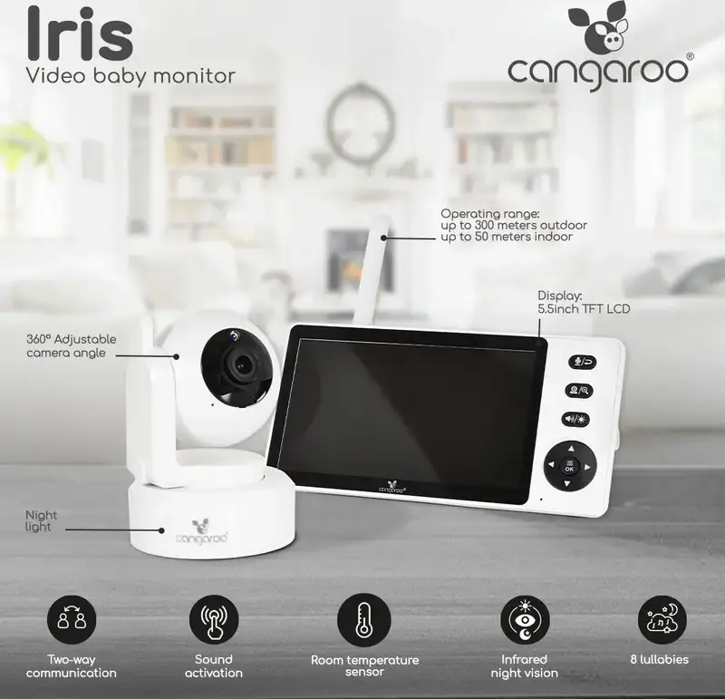 Baby Monitor Video Cangaroo Iris, Ecran TFT LCD 5.5 inch, Camera Rotabila 360 Grade, Vedere Nocturna, Comunicare Bidirectionala, Alb
