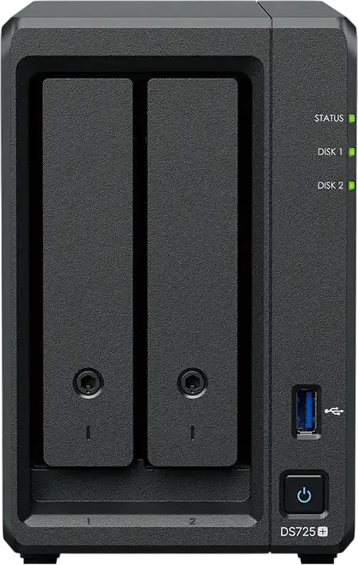 Synology DS725+ NAS DiskStation cu 2 bay-uri, AMD Ryzen R1600 2-Core 3.1GHz, 4GB RAM DDR4 ECC, 2 sloturi M.2 NVMe, Port 2.5GbE, Negru